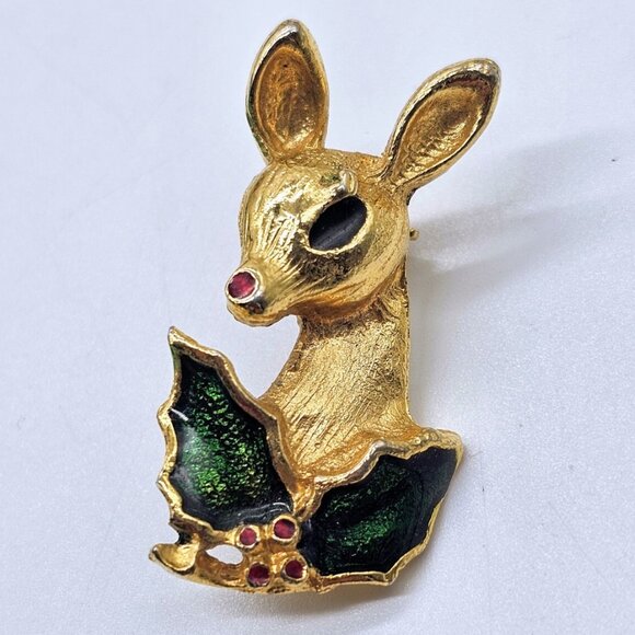Vintage Christmas Rudolph The Red Nosed Reindeer With Holly Brooch Pin MCM - Picture 1 of 7